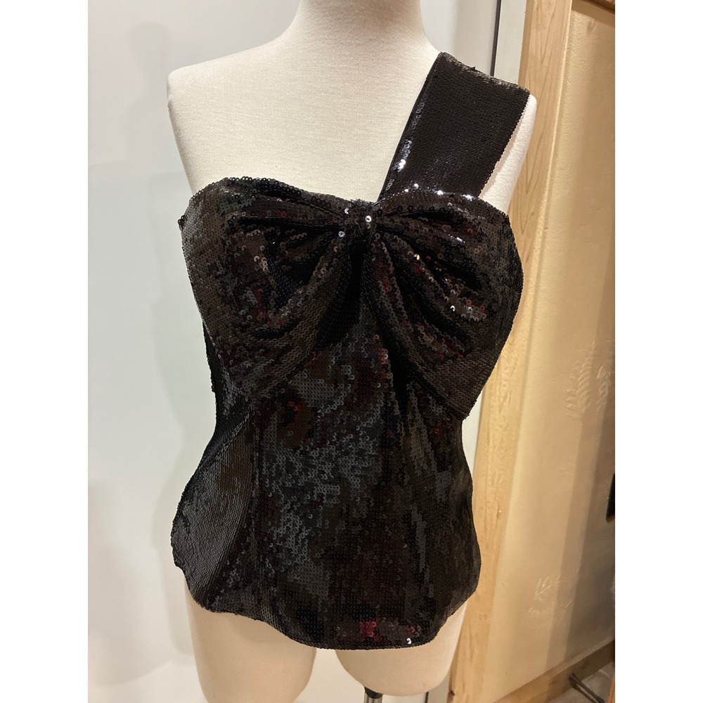 Sequin WHBM Black Bow Bustier Top One Shoulder Holiday Party Vacation Size 4 NWT